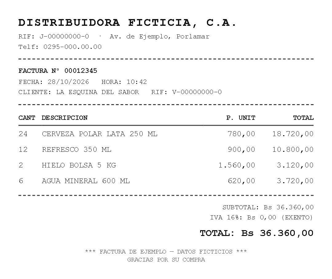 Factura de ejemplo de un proveedor ficticio: cuatro líneas de bebidas y un total en bolívares