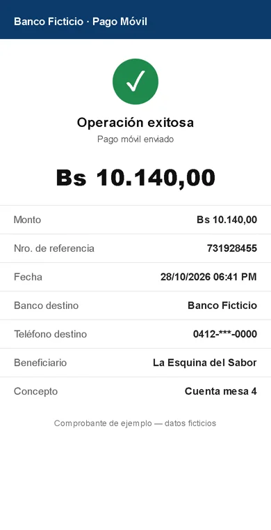 Captura de ejemplo de un pago móvil en el teléfono, con datos ficticios