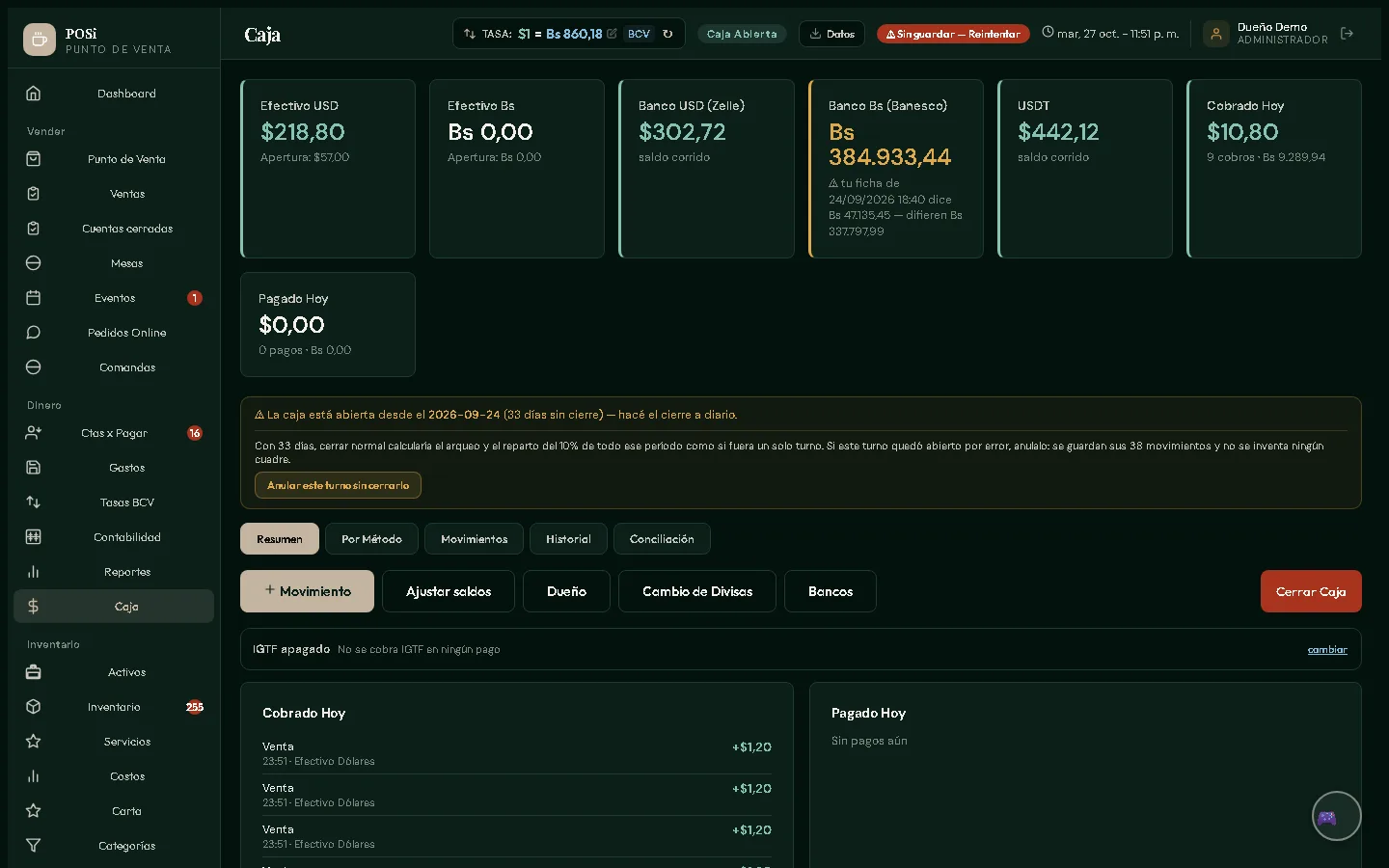 POSi sin conexión: arriba, en rojo, el aviso 'Sin guardar — Reintentar'; la caja sigue registrando ventas